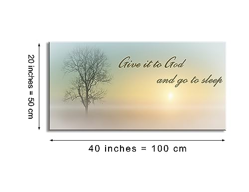Lasdel Canvas Wall Art of Misty Sunset & Tree Plant Picture For Bedroom Home Above Bed, White Country Wood Sign For Bathroom, Give It To God & Go to Sleep Artwork Decor, Inner Frame 20x40 Inches - color: Yellow & Teal Sunrise Wal Art (D101), size: 40"L x