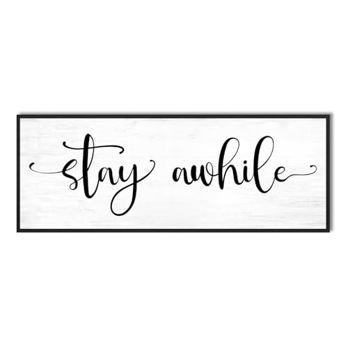Stay Awhile Sign Wall Decor: 32''×12'' Farmhouse Wall Art Rustic Canvas Print Wall Signs, Large Black Framed Hanging Plaque Home Decor for Kitchen Dining Room Living Room Hallway Entryway - color: Stay Awhile, size: 32''×12''