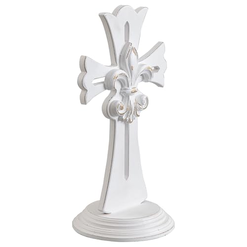 SOFE Rustic White Standing Cross 15" Tall, Wood Decorative Cross Decor