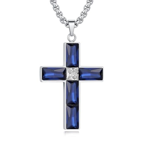 Cross Necklace for Men 316L Stainless Steel Birthstone Pendant - color: Sapphire Blue-S