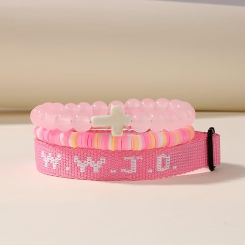 WWJD Bracelets Set WWJD Wristbands Christian Cross Bracelet Stackable Clay Bead Bracelets Stretch Glass Beaded Inspirational Christian Jewelry Gift for Couples Women Men - color: 3PCS Pink