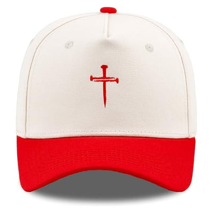 Embroidered Christian Two-Tone Baseball Cap for Men & Women, Adjustable Dad Hat Christmas Easter Gift - color: Jesus 3 Nail Cross Shape, Red/Beige