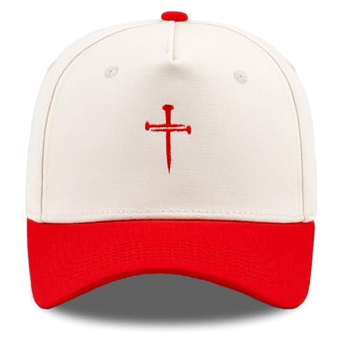 Embroidered Christian Two-Tone Baseball Cap for Men & Women, Adjustable Dad Hat Christmas Easter Gift - color: Jesus 3 Nail Cross Shape, Red/Beige