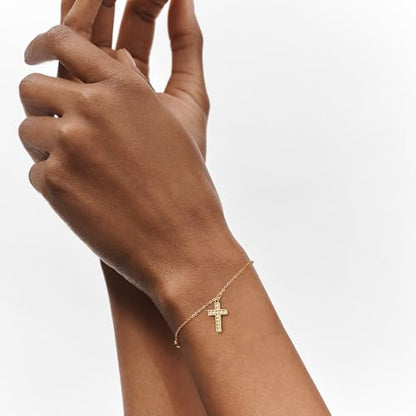 Gold Cross Bracelet for Women, Dainty 18K Gold Plated Double Pendant Jewelry, Sparkling Zirconia Prayer Bracelet, Adjustable Link Chain Lobster Clasp (5.9in + 2.4in) - style: Design Cross Bracelet