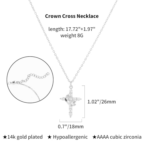 Upgraded Crown Cross Necklace for Women, CZ Pendant 18+2 - color: silver
