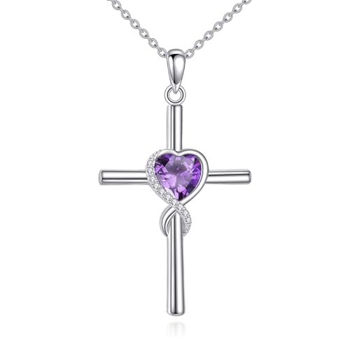S925 Sterling Silver Cross Necklace for Women Birthstone Necklace Heart Infinity Cross Pendant Necklace Christmas Valentines Day Gifts Birthday Holiday Gifts for Her, 18"+2" Inches - color: 02-Feb Birthstone - Amethyst