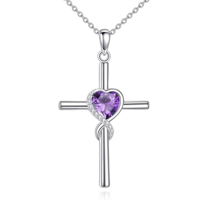 S925 Sterling Silver Cross Necklace for Women Birthstone Necklace Heart Infinity Cross Pendant Necklace Christmas Valentines Day Gifts Birthday Holiday Gifts for Her, 18"+2" Inches - color: 02-Feb Birthstone - Amethyst