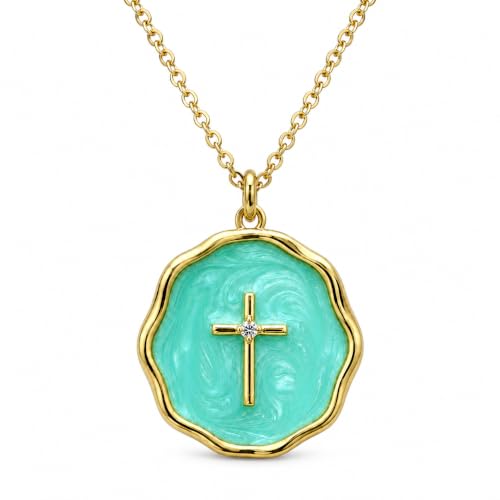 Enamel Cross Necklace for Women 18K Gold Plated Christian Pendant - color: Green