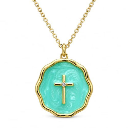 Enamel Cross Necklace for Women 18K Gold Plated Christian Pendant - color: Green