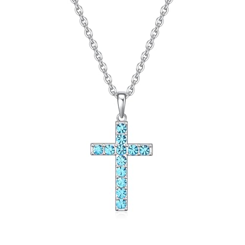 Birthstone Cross Necklace for Women,First Communion Gifts Easter Baptism Cross Jewelry Pendant Gift - color: 03March-Aqua Blue