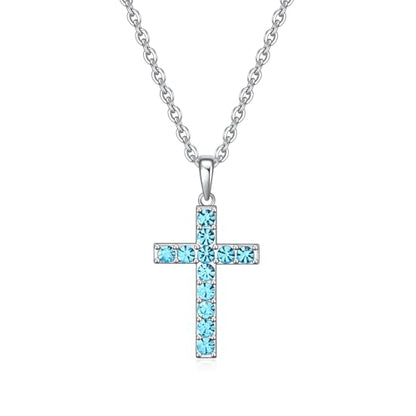 Birthstone Cross Necklace for Women,First Communion Gifts Easter Baptism Cross Jewelry Pendant Gift - color: 03March-Aqua Blue