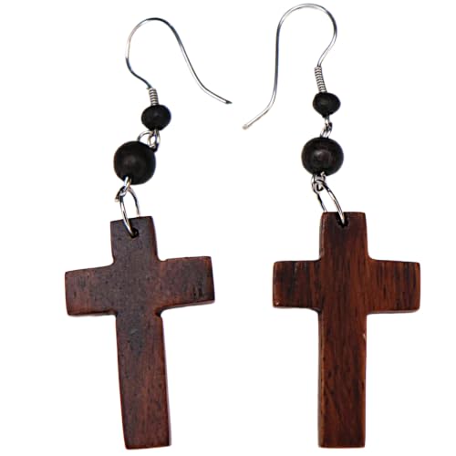 Earth Accessories Dangle Cross Earrings for Women or Men - Dangly Cross Earring with Organic Wood