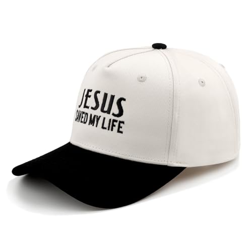 Embroidered Christian Two-Tone Baseball Cap for Men & Women, Adjustable Dad Hat Christmas Easter Gift - color: Jesus Saved My Life, Black/Beige