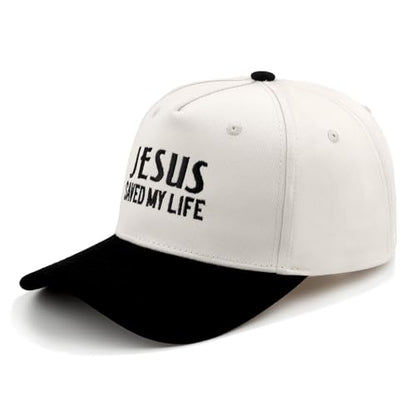 Embroidered Christian Two-Tone Baseball Cap for Men & Women, Adjustable Dad Hat Christmas Easter Gift - color: Jesus Saved My Life, Black/Beige