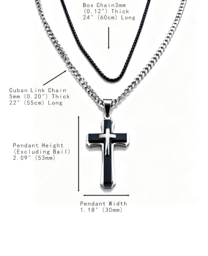 Men's Layered Cross Pendant Necklace, 2.1x1.2 inch Religious Charm, 21.6" 5mm Stainless Steel Cuban Chain, 18K Gold & Black Plated, Bonus 23.6" Square Pearl Chain, Marble Gift Box for Dad - color: Silver & Black