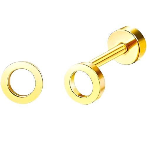 Stainless Steel Stud Earring 1 Pair Gold Small Flatback Earrings Helix Hypoallergenic Flat Back Jewellery Dainty Screwback Tiny Jewelry for Sensitive Ears Women Ladies Aretes De Mujer - style: Hollow Round