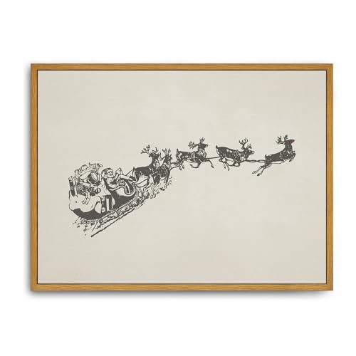 Roslynity Framed Canvas Wall Art Vintage Print Paintings Flying Santa Sleigh Reindeer Christmas Neutral Minimalist Winter Xmas Retro Artwork for Home Living Room Bathroom Wall Decor (12"x16") - color: Santa Sleigh Reindeer Black, size: 16"L x 12"W