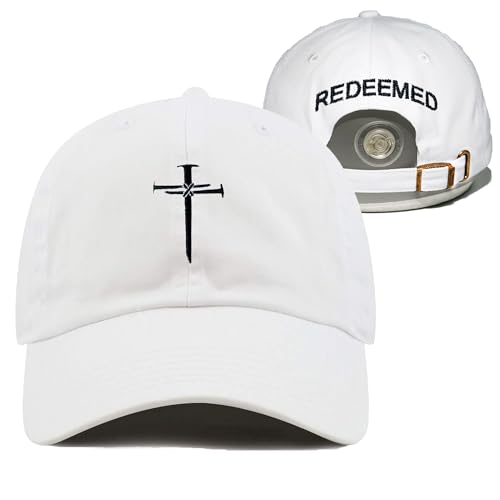Christian Redeemed Cross Nails Hats for Men Women, Vintage Adjustable Cotton Embroidered Front & Back Baseball Cap - color: Christian-white
