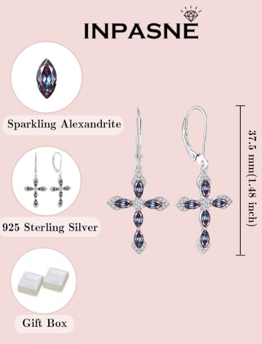 Birthstone Cross Earrings for Women 925 Sterling Silver - color: 06 June - Alexandrite-1