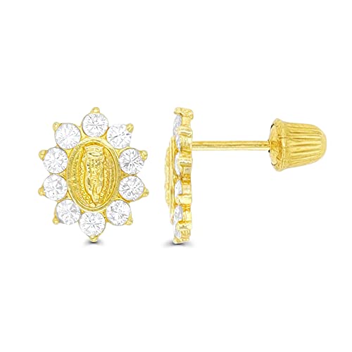 14K Yellow Solid Gold Religious Earrings | Virgin Mary & Lady Guadalupe Stud Earrings - color: ScrewBack-Virgin Mary CZ-