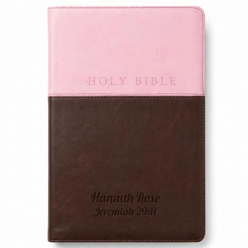 Printualist Personalized NLT Bible, Custom Engraved Name and Scripture Reference, Red Letter New Living Translation Text, Two-Tone Faux Leather Christian Gift for Church Use, Pink and Dark Brown - color: Pink/Dark Brown Tutone