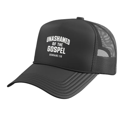 Unashamed of the Gospel, Christian Teen Romans 1:16 Trucker Hat with Adjustable Mesh Back - color: Black