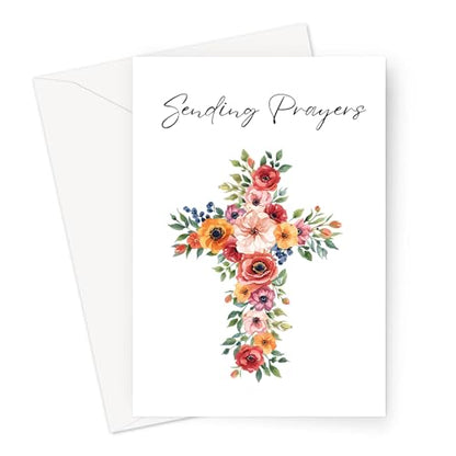 ARK & BAY Christian Sympathy Card For Men & Women of Faith | Religious Sorry For Your Loss, Thinking Of You, Sending Prayers with Cross, Bible Verse and Scripture (Sending Prayers Flower Cross Card) - color: Sending Prayers Flower Cross Card