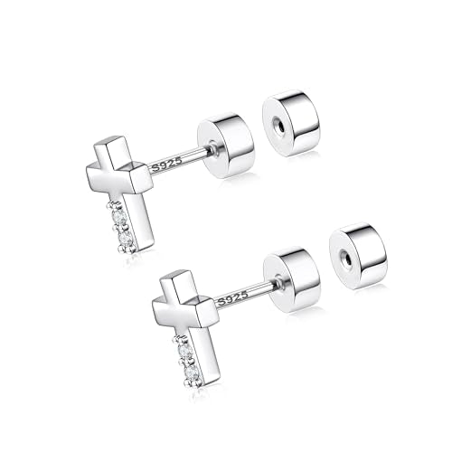 CEROUNO Flat Back Stud Earrings - 925 Sterling Silver Post Flatback Earrings Gold Silver Cubic Zirconia Earrings Studs for Women - color: Silver Cross