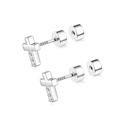 CEROUNO Flat Back Stud Earrings - 925 Sterling Silver Post Flatback Earrings Gold Silver Cubic Zirconia Earrings Studs for Women - color: Silver Cross