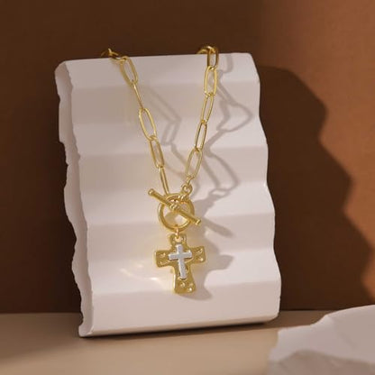 Chunky Cross Necklace for Women, 14K Gold Plated/Silver Statement Cross Pendant Necklace Simple Chunky Charm Necklace Big Gold Necklaces for Women Trendy Faith Jewelry Gifts - color: Chunky Cross GD