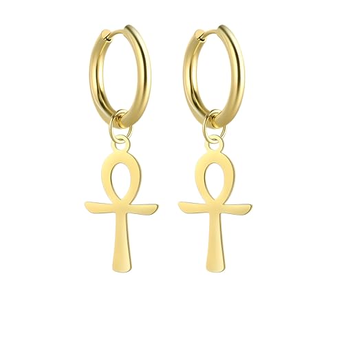 14K Yellow Gold Ankh Earrings For Women Men, The Key Of The Nile Ankh Pendant Symbol Sterling Silver Egyptian Jewelry For Men, Ankh Cross Drop Earrings Women Dangle Earrings Amulet Crucifix Egyptian Earrings For Women, Ankh Necklace Women - color: Ankh Ea