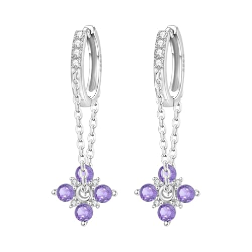 925 Sterling Silver Drop & Dangle Earrings for Women,Butterfly Dragonfly and Bee|Flower and leaf Earrings, Suitable for Sensitive Ears Fashion Jewelry Gift- Hypoallergenic Earrings - color: Purple flower chain