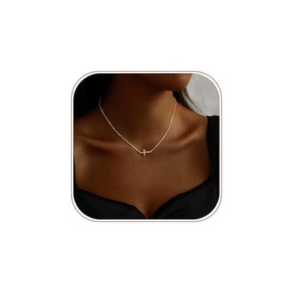 Cross Necklace for Women 14K Gold Silver Plated Small Cross Necklace Dainty Cross Pendant Choker Simple Trendy Cute Sideway Cross Charm Chain Necklaces for Women Trendy Christian Baptism Religious Faith Jewelry Gifts - size: Gold-214