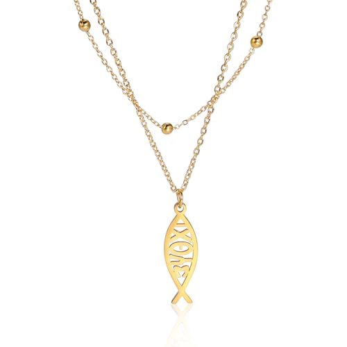 Ichthus Necklace for Women Christian Jesus Fish Necklace Christ Fish Cross Ichthys Pendant Necklace Ichthus Fish Religious Symbol Pendant Christian Jewelry Gift - color: Jesus Fish 2 gold