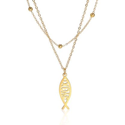 Ichthus Necklace for Women Christian Jesus Fish Necklace Christ Fish Cross Ichthys Pendant Necklace Ichthus Fish Religious Symbol Pendant Christian Jewelry Gift - color: Jesus Fish 2 gold