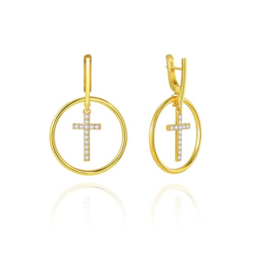 18K Gold Plated Hoop Earrings for Women, NICKEL-FREE & HYPOALLERGENIC, Timeless Jewelry Gift - color: Gold-cross