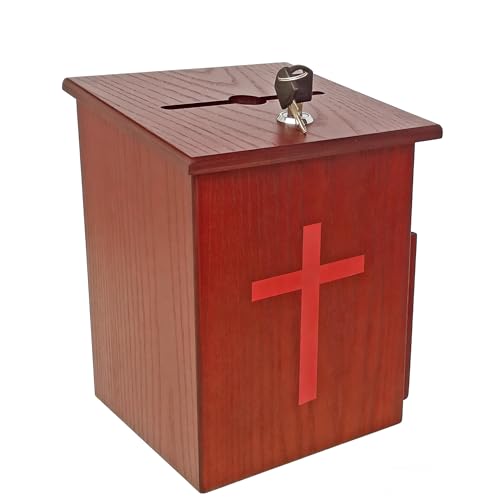 Wood Church Collection Fundraising Box Donation Charity Red Cross Sticker Flexible Application Christian Church Tithes & Offering Prayer 7.5"W x 7.5"H x 9-7/8" D Wallmount 1040S+16053