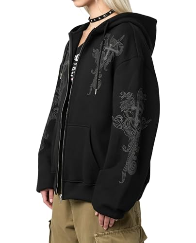 Zip Up Oversized Hoodies Women Men, Graphic Gothic Jackets Cross Hoodie, Baggy Streetwear Fleece Sweater Unisex - color: Black2, size: XX-Large
