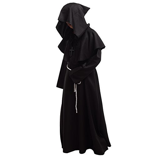 BLESSUME Friar Hooded Robe Monk Renaissance Priest Halloween Medieval Role Play Costume - color: Black Cowl Hat+robe+ Waist Rope+necklace, size: Medium