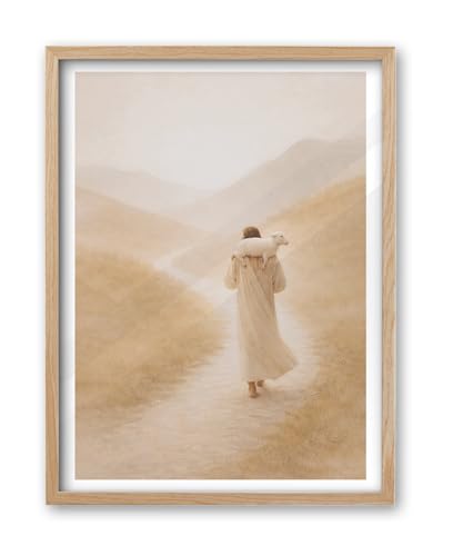 iHery 12x16in Jesus Carrying the Lost Sheep Framed Christian Wall Art - color: OAK Framed Carrying, size: 16"L x 12"W
