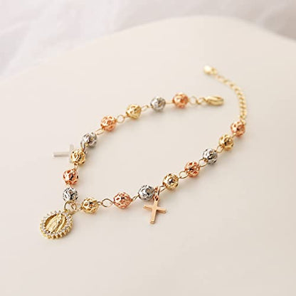 HZMAN Brass Virgin Mary Cross Rosary Bead Bracelet for Women - color: Virgin Mary & Cross