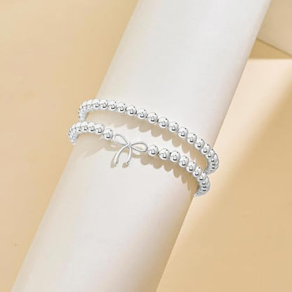 2Pcs Cross Bow Beaded Bracelets for Women - color: 04-Silver-Bead＋Bow