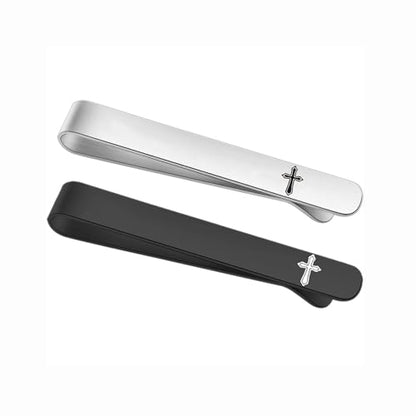Novelty Cross Tie Clips for Men Unique Black Silver Religious Tie Clip Suitable for Regular Ties Classic Business Wedding Brass Tie Bar Jewelry with Box - color: Silver Black Cross 02