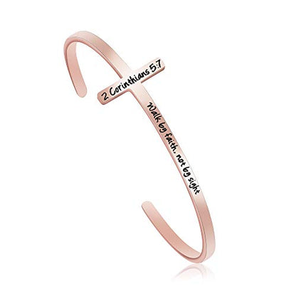 Memgift 𝐂𝐫𝐨𝐬𝐬 𝐁𝐫𝐚𝐜𝐞𝐥𝐞𝐭 Religious Cuff Bangle 𝐁𝐢𝐛𝐥𝐞 𝐕𝐞𝐫𝐬𝐞 Christian Gifts Jewelry for 𝐖𝐨𝐦𝐞𝐧 - style: Rose gold-Walk by faith, not by sight -2 Corinthians 5:7