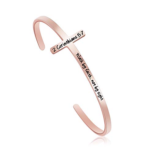 Memgift 𝐂𝐫𝐨𝐬𝐬 𝐁𝐫𝐚𝐜𝐞𝐥𝐞𝐭 Religious Cuff Bangle 𝐁𝐢𝐛𝐥𝐞 𝐕𝐞𝐫𝐬𝐞 Christian Gifts Jewelry for 𝐖𝐨𝐦𝐞𝐧 - style: Rose gold-Walk by faith, not by sight -2 Corinthians 5:7
