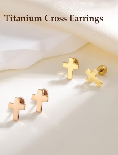Limerencia Titanium Stud Earrings, Cross Earrings for Sensitive Ears - color: Gold +Screw Back