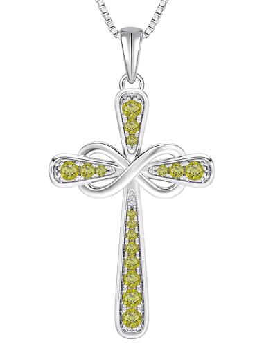 YL 925 Sterling Silver Cross Necklace for Women Halo Infinity Pendant Cubic Zirconia Jewelry for Mom - color: 08-peridot-Aug