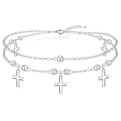 Cross Anklets for Women Cross Anklet Sterling Silver Beaded Multilayer Ankle Bracelets Dainty Layering Adjustable Chain Charm Jewelry Mothers Day Gifts