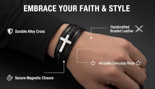 Stainless Steel Braided Leather Bracelet for Men Cuff Bangle Cross - color: 1-silver
