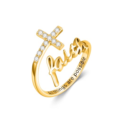 Cross Rings Faith Ring 925 Sterling Silver Adjustable Cross Wrap Ring Christian Fashion Band for Women - color: B-Yellow Gold